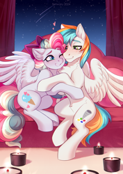 Size: 2480x3508 | Tagged: safe, artist:fenwaru, oc, oc only, oc:sky sorbet, oc:twister joy, pegasus, pony, belly fluff, bow, candle, couch, couple, cuddling, cute, duo, duo male and female, female, hair bow, looking at each other, looking at someone, male, mare, pegasus oc, smiling, stallion, stars, wings