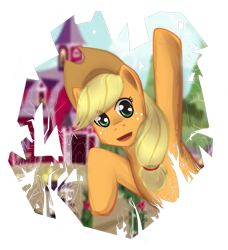 Size: 900x988 | Tagged: safe, artist:aisuroma, applejack, earth pony, pony, g4, applejack's hat, breaking the fourth wall, cowboy hat, female, hat, mare, simple background, solo, sweet apple acres barn, transparent background, waving