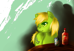 Size: 1024x717 | Tagged: safe, artist:aisuroma, oc, oc only, oc:sierra mist, earth pony, pony, alcohol, drink, soda can, solo, sprite (drink), table, turned head