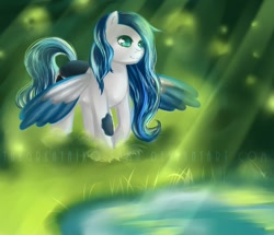 Size: 1024x880 | Tagged: safe, artist:aisuroma, oc, oc only, pegasus, pony, colored wings, pond, smiling, solo, spread wings, two toned wings, water, wings