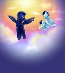 Size: 1024x1140 | Tagged: safe, artist:aisuroma, soarin', oc, pegasus, pony, g4, duo, flying, grin, male, smiling, stallion