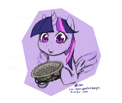 Size: 982x826 | Tagged: safe, artist:aisuroma, twilight sparkle, alicorn, pony, g4, blushing, bust, female, holding, mare, open mouth, open smile, sieve, smiling, solo, twilight sparkle (alicorn)