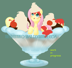 Size: 561x530 | Tagged: safe, artist:aisuroma, fluttershy, pegasus, pony, g4, bowl, dessert, female, food, licking, licking lips, mare, simple background, solo, tiny, tiny ponies, tongue out, whipped cream