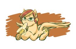 Size: 2328x1514 | Tagged: safe, artist:aisuroma, oc, oc only, pegasus, pony, banana, eating, food, glasses, herbivore, lying down, prone, simple background, solo, transparent background