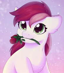 Size: 1300x1500 | Tagged: safe, artist:maravor, roseluck, earth pony, pony, g4, female, flower, flower in mouth, heart, heart eyes, mare, mouth hold, rose, rose in mouth, solo, wingding eyes