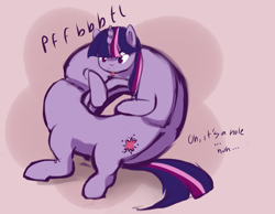 Size: 1280x991 | Tagged: safe, artist:aisuroma, twilight sparkle, food pony, pony, unicorn, g4, :p, bagel, bread, dialogue, food, lying down, on back, ponified, raspberry, solo, tongue out