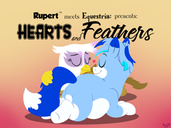 Size: 3002x2250 | Tagged: safe, artist:rupert, gilda, oc, oc:rupert the blue fox, earth pony, fox, fox pony, griffon, hybrid, pony, g4, butt, canon x oc, chubby, cute, eyes closed, facing each other, female, gildadorable, gradient background, heart, lineless, love, lying down, male, male and female, ocbetes, plot, prehensile tail, prone, rupertbetes, ship:rupilda, shipping, smiling, story:hearts and feathers, straight, tail, tail hold