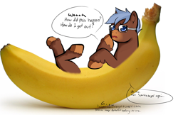 Size: 1280x831 | Tagged: safe, artist:aisuroma, oc, oc only, oc:any pony, earth pony, food pony, pony, analysis bronies, banana, food, ponified, solo, speech bubble