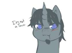 Size: 1197x895 | Tagged: safe, artist:aisuroma, oc, oc only, pony, unicorn, :t, annoyed, blushing, bust, dialogue, facial hair, goatee, no pupils, portrait, simple background, solo, white background