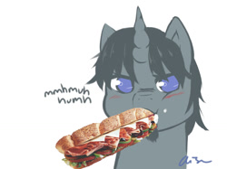 Size: 1197x894 | Tagged: safe, artist:aisuroma, oc, oc only, pony, unicorn, annoyed, blushing, bust, facial hair, food, goatee, no pupils, not porn, portrait, sandwich, sandwich censorship, simple background, solo, white background