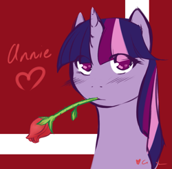 Size: 1239x1220 | Tagged: safe, artist:aisuroma, twilight sparkle, pony, unicorn, g4, bust, eye clipping through hair, female, flower, looking at you, mare, mouth hold, portrait, rose, solo, valentine's day card