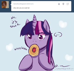 Size: 1280x1222 | Tagged: safe, artist:aisuroma, twilight sparkle, pony, unicorn, g4, ..., ask, bagel, bread, bust, food, solo, stuck, tongue out