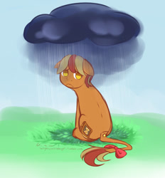 Size: 1280x1380 | Tagged: safe, artist:aisuroma, oc, oc only, oc:past analysis, earth pony, pony, looking back, rain, sad, sitting, solo, stormcloud