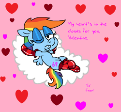 Size: 802x740 | Tagged: safe, artist:dragonboi471, artist:rainbowdashsmailbag, rainbow dash, pony, g4, clothes, cloud, heart, holiday, on a cloud, socks, solo, striped socks, valentine's day