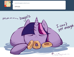Size: 2263x1764 | Tagged: safe, artist:aisuroma, twilight sparkle, food pony, pony, unicorn, g4, ask, bagel, bread, dialogue, eating, eyes closed, food, herbivore, lying down, ponified, prone, solo