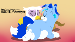 Size: 3840x2160 | Tagged: safe, artist:rupert, edit, gilda, oc, oc:rupert the blue fox, earth pony, fox, fox pony, griffon, hybrid, pony, g4, butt, canon x oc, chubby, cute, eyes closed, facing each other, female, gildadorable, gradient background, heart, lineless, love, lying down, male, male and female, ocbetes, plot, prehensile tail, prone, rupertbetes, ship:rupilda, shipping, smiling, story:hearts and feathers, straight, tail, tail hold, wallpaper, wallpaper edit
