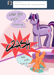 Size: 1280x1759 | Tagged: safe, artist:aisuroma, twilight sparkle, oc, oc:aisuroma, food pony, pegasus, pony, unicorn, g4, ask, bagel, bread, food, ponified, question mark, speech bubble