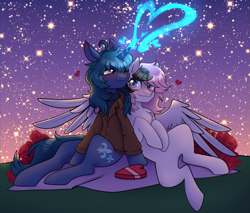 Size: 2643x2257 | Tagged: safe, artist:b(r)at, oc, oc:arclight, pegasus, pony, unicorn, couple, cute, holiday, magic, stars, valentine's day, wholesome