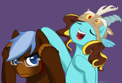 Size: 1280x878 | Tagged: safe, artist:aisuroma, discord, oc, oc only, oc:any pony, oc:ilovekimpossiblealot, earth pony, pony, g4, annoyed, covering ears, frown, hat, simple background, singing, smiling