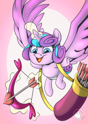 Size: 2171x3070 | Tagged: safe, artist:mysticalpha, princess flurry heart, alicorn, pony, g4, arrow, baby, baby pony, bow (weapon), bow and arrow, cupid, female, filly, flying, foal, glowing, glowing horn, hearts and hooves day, high res, holiday, horn, like mother like daughter, like parent like child, magic, open mouth, open smile, quiver, smiling, solo, telekinesis, valentine's day, weapon