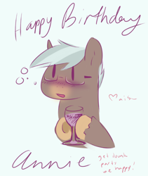 Size: 1280x1517 | Tagged: safe, artist:aisuroma, oc, oc only, oc:any pony, earth pony, pony, blushing, bust, drunk, glass, happy birthday, holding, portrait, simple background, solo, white background, wine glass