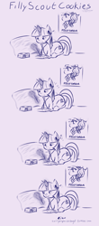 Size: 2331x5319 | Tagged: safe, artist:aisuroma, twilight sparkle, pony, unicorn, g4, comic, cookie, female, food, headphones, high res, lying down, mare, monochrome, ponyloaf, prone, quill, solo, unicorn twilight, wavy mouth, writing