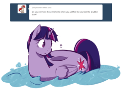 Size: 1280x953 | Tagged: safe, artist:aisuroma, twilight sparkle, food pony, pony, unicorn, g4, ask, bagel, bread, floating, food, ponified, simple background, solo, transparent background, turned head, water