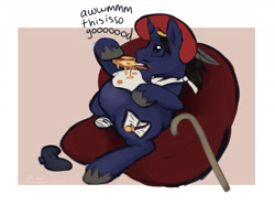 Size: 1280x957 | Tagged: safe, artist:aisuroma, oc, oc only, pony, unicorn, beanbag chair, bronycurious, cane, dialogue, eating, fat, food, pizza, sitting, solo, tommy oliver