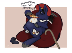 Size: 1280x957 | Tagged: safe, artist:aisuroma, oc, oc only, pony, unicorn, beanbag chair, bronycurious, cane, dialogue, eating, fat, food, male, pizza, sitting, solo, tommy oliver