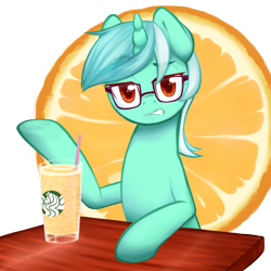 Size: 2800x2800 | Tagged: safe, artist:aisuroma, lyra heartstrings, pony, unicorn, g4, drink, female, food, glasses, high res, hipster, looking at you, mare, orange, simple background, sitting, solo, starbucks, straw, table, transparent background