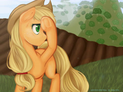 Size: 8000x6000 | Tagged: safe, artist:aisuroma, applejack, oc, oc only, earth pony, pony, g4, absurd file size, absurd resolution, applejack's hat, cowboy hat, female, frog (hoof), hat, hoof on head, hoofbutt, mare, missing cutie mark, solo, sweat, underhoof, wiping