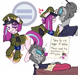 Size: 2750x2642 | Tagged: safe, artist:madiwann, oc, oc only, oc:silver serenity, unicorn, clothes, female, glasses, looking at each other, looking at someone, metal slug, not starlight glimmer, paper, present, suit