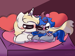 Size: 3200x2400 | Tagged: safe, artist:cushyhoof, oc, oc:ravyn moonchild, oc:space, alicorn, kirin, pony, 4:3, :p, bed, blushing, cuddling, cute, gay, high res, holiday, kirin oc, kissing, male, phone drawing, size difference, tongue out, valentine's day