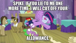 Size: 800x450 | Tagged: safe, edit, edited screencap, screencap, doctor whooves, granny smith, matilda, spike, time turner, twilight sparkle, alicorn, donkey, dragon, earth pony, pony, a trivial pursuit, g4, season 9, angry, bag, caption, female, flying, gritted teeth, image macro, imgflip, male, mare, not abuse, saddle bag, scroll, stallion, teeth, text, twilight sparkle (alicorn), winged spike, wings