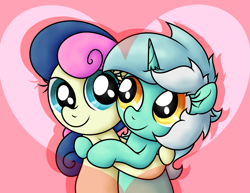 Size: 2263x1743 | Tagged: safe, artist:background basset, bon bon, lyra heartstrings, sweetie drops, earth pony, pony, unicorn, g4, adorabon, cute, duo, female, hearts and hooves day, hug, lesbian, lyrabetes, mare, ship:lyrabon, shipping, simple background, smiling