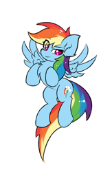 Size: 1547x2372 | Tagged: safe, artist:rejiser, rainbow dash, pegasus, pony, g4, chest fluff, ear fluff, eye clipping through hair, eyebrows, eyebrows visible through hair, female, pegasus wings, simple background, smiling, solo, spread wings, tail, white background, wings