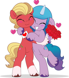 Size: 4451x5000 | Tagged: safe, artist:jhayarr23, izzy moonbow, sprout cloverleaf, earth pony, pony, unicorn, g4, g5, bipedal, blushing, bouquet of flowers, card, commission, commissioner:puffydearlysmith, cute, female, floating heart, floppy ears, flower, g5 to g4, generation leap, heart, holiday, hug, izzybetes, male, mare, rose, ship:izzysprout, shipping, simple background, smiling, sproutbetes, sproutlove, stallion, straight, transparent background, valentine's day, ych result