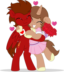 Size: 4420x5000 | Tagged: safe, artist:jhayarr23, oc, oc only, oc:heroic armour, oc:slide fortissimo, pegasus, pony, unicorn, bipedal, clothes, commission, crossdressing, dress, flower, gay, heart, hug, male, simple background, smiling, stallion, transparent background, ych result