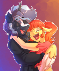 Size: 2584x3096 | Tagged: safe, artist:witchtaunter, oc, oc only, oc:witching hour, anthro, clothes, couple, eyes closed, freckles, glasses, holiday, hoodie, hug, laughing, oc x oc, open mouth, shipping, valentine's day