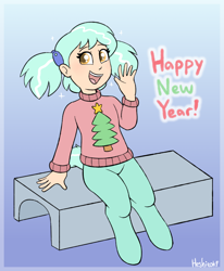 Size: 1398x1694 | Tagged: safe, artist:heretichesh, oc, oc only, oc:hope, satyr, bench, christmas sweater, clothes, female, gradient background, happy new year, happy new year 2023, holiday, looking at you, new year, offspring, open mouth, open smile, parent:lyra heartstrings, signature, sitting, smiling, smiling at you, solo, sweater, text, waving, waving at you