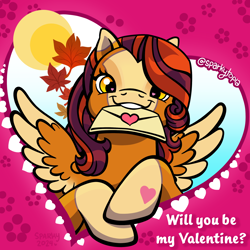 Size: 2400x2400 | Tagged: safe, artist:sparkytopia, oc, oc:october moon, pegasus, pony, g3, coat markings, cute, happy, heart, heart eyes, holiday, looking at you, orange coat, signature, smiling, socks (coat markings), solo, spread wings, text, valentine's day, valentine's day card, wingding eyes, wings, yellow eyes