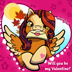 Size: 2400x2400 | Tagged: safe, artist:sparkytopia, oc, oc:october moon, pegasus, pony, g3, coat markings, commission, cute, happy, heart, heart eyes, holiday, looking at you, orange coat, signature, smiling, socks (coat markings), solo, spread wings, text, valentine's day, valentine's day card, wingding eyes, wings, ych result, yellow eyes