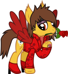 Size: 1052x1145 | Tagged: safe, artist:lightningbolt, derpibooru exclusive, pegasus, pony, .svg available, alex gaskarth, all time low, butt fluff, cheek fluff, cigarette, clothes, dyed wings, ear fluff, eyeliner, eyeshadow, flower, flower in mouth, hair over one eye, high heels, hoof fluff, hoof hold, looking at you, makeup, male, mouth hold, ponified, raised hoof, rose, rose in mouth, shirt, shoes, show accurate, simple background, smiling, solo, spread wings, stallion, standing, suit jacket, svg, tail, tail feathers, tattoo, transparent background, undershirt, vector, wing fluff, wings
