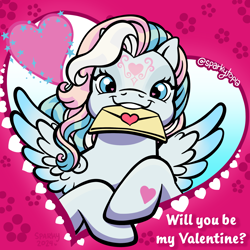 Size: 2400x2400 | Tagged: safe, artist:sparkytopia, part of a set, star catcher, pegasus, pony, g3, cute, facial markings, happy, heart, heart eyes, holiday, looking at you, signature, smiling, solo, spread wings, text, valentine's day, valentine's day card, white coat, wingding eyes, wings