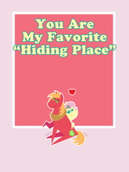 Size: 2160x2880 | Tagged: safe, anonymous artist, big macintosh, fluttershy, earth pony, pegasus, pony, series:fm holidays, g4, alternate hairstyle, cartoon physics, female, floating heart, heart, hiding, high res, holiday, looking at each other, looking at someone, male, mare, pink background, pointy ponies, ship:fluttermac, shipping, short mane, simple background, smiling, smiling at each other, stallion, straight, text, valentine's day, valentine's day card