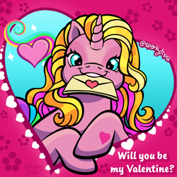 Size: 2400x2400 | Tagged: safe, artist:sparkytopia, part of a set, rarity (g3), pony, unicorn, g3, cute, heart, heart eyes, holiday, looking at you, pink coat, solo, valentine's day, valentine's day card, wingding eyes