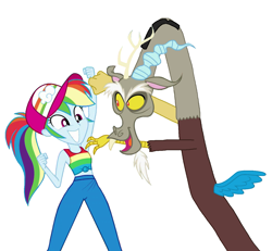Size: 1421x1315 | Tagged: safe, anonymous artist, anonymous editor, discord, rainbow dash, draconequus, human, equestria girls, g4, armpit tickling, armpits, arms in the air, background removed, best friend, best friends, big grin, big smile, clothes, cute, duo, duo male and female, female, fist, friend, friends, fun, grin, male, personal space invasion, playing, shirt, simple background, sleeveless, sleeveless shirt, smiling, tank top, tickling, white background
