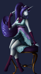 Size: 700x1268 | Tagged: safe, artist:roleishi, rarity, human, unicorn, anthro, g4, blue background, clothes, elegant, humanized, shoes, simple background, solo