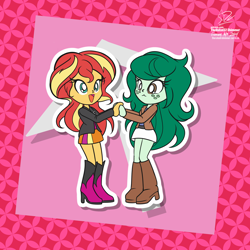 Size: 2500x2500 | Tagged: safe, artist:theratedrshimmer, sunset shimmer, wallflower blush, human, equestria girls, g4, alternate clothes, boots, clothes, cute, female, flower, flowerbetes, high heel boots, jacket, lesbian, open mouth, open smile, passepartout, shimmerbetes, ship:wallset, shipping, shirt, shoes, skirt, smiling, sunflower, vest