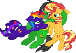 Size: 2549x1771 | Tagged: safe, artist:star-armour95, sunset shimmer, oc, oc:rainbow flower, oc:star armour, pegasus, pony, unicorn, g4, canon x oc, female, male, simple background, transparent background